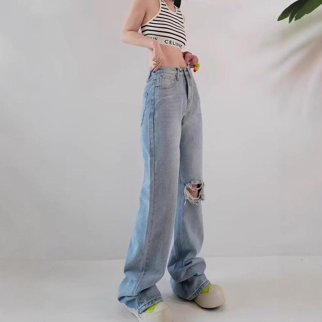 Women's High Waist Ripped Straight-Leg Jeans - Light Blue, Spring/Autumn 2024, Floor-Length, Slimming Fit
