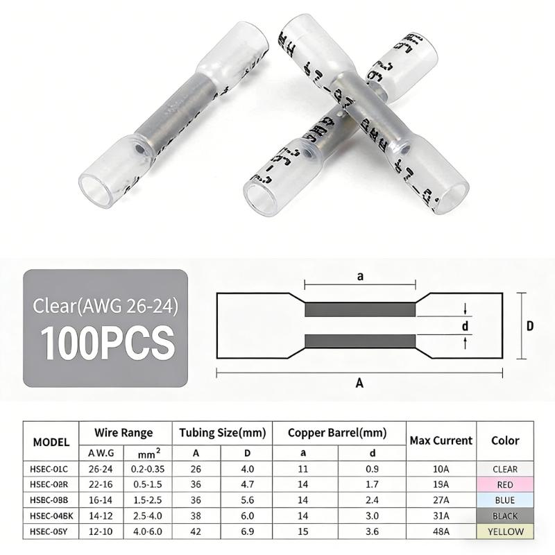 100 Counts Shrinkable Wire Joiners Water Resistant Waterproof Butt Connectors for Home Electrical & Vehicle Repairs
