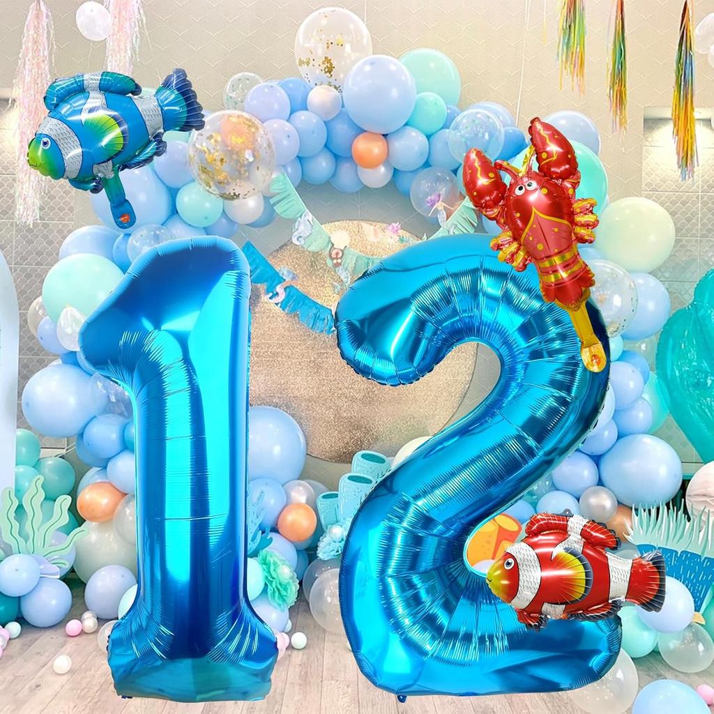 40 Inch Under the Sea Blue Number 1 Balloon, Mini Sea Animal Balloons Ocean Animal Foil Balloon, Fish Crawfish Balloons for Boys Girls Ocean Theme