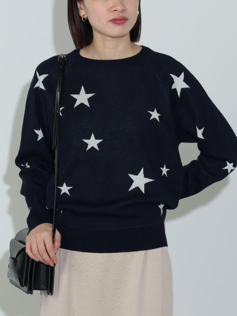 Beams Heart Star Print Crew Neck One Size Women's L/S Knit, Navy,