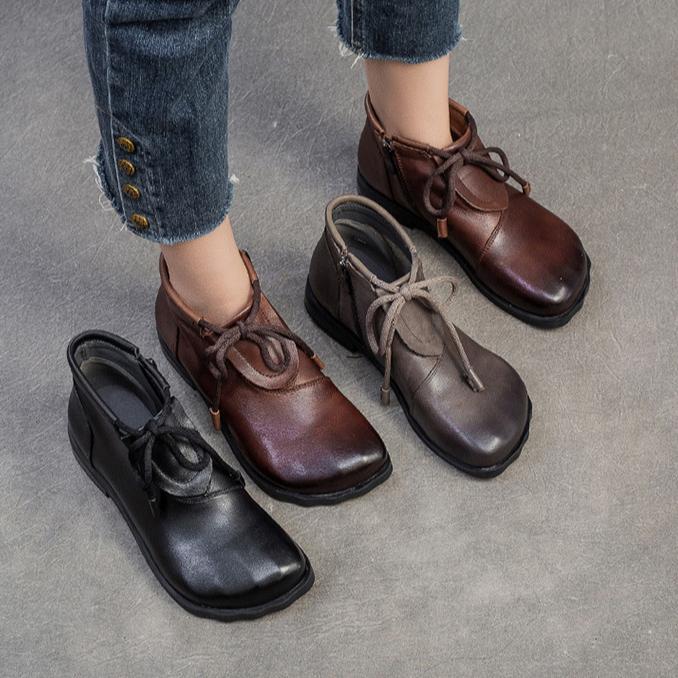 Johnature Retro Versatile Flat Short Boots Comfortable Commuting Casual Genuine Leather Women's Shoes