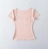 Pocket Square Neck Short Sleeve T-Shirt Women's Summer New American Spice Girl Solid Color Fungus Edge Slim Bottom Top