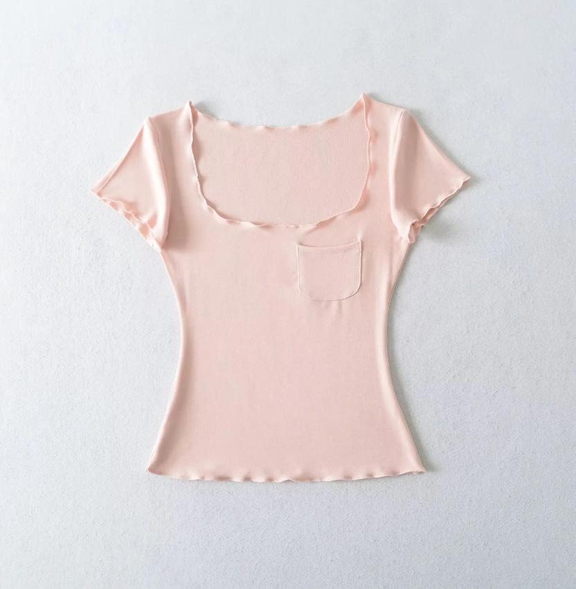 Pocket Square Neck Short Sleeve T-Shirt Women's Summer New American Spice Girl Solid Color Fungus Edge Slim Bottom Top