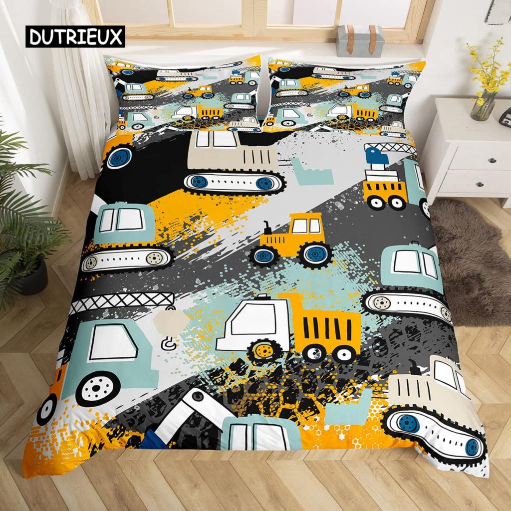 Kids Equipment Trucks Duvet Cover King Boys Cartoon Car Excavator Tractor Bedding Set Construction Highway Comforter Cover Set