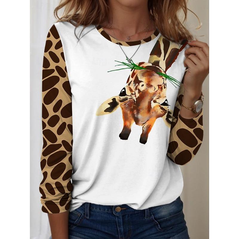 Damen T-Shirts Grafisch Tier Giraffe T-Shirts Mode Stilvoll Langarm T-Shirts Rundhals Normale Oberteile Sommer