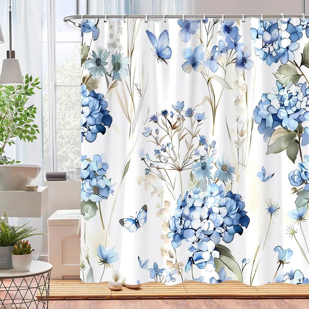 Beautiful Watercolour Botanical Floral Shower Curtain Pink Blue Floral Home Polyester Shower Curtains Bathroom Decor with Hooks