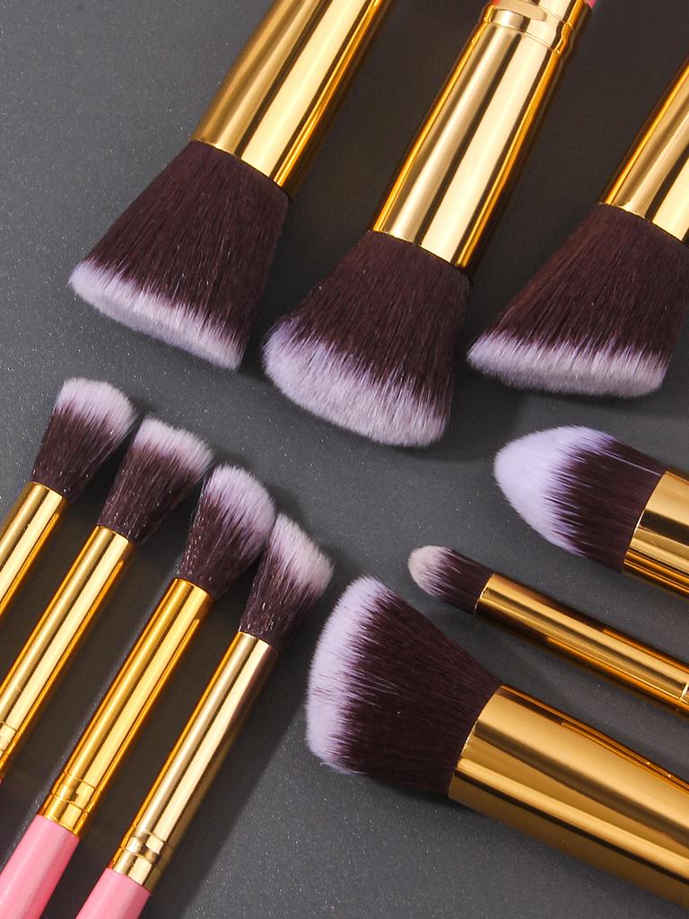 10Pcs pink wooden-handled makeup brush set, including foundation brush, blush brush, eyeshadow brush and highlight brush