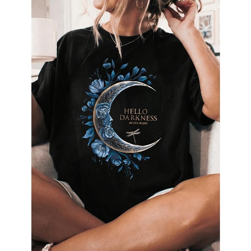 Plus Size - Plus Size - Plus Size Women S Graphic T-Shirt Featuring a Crescent And Floral Design 3XL
