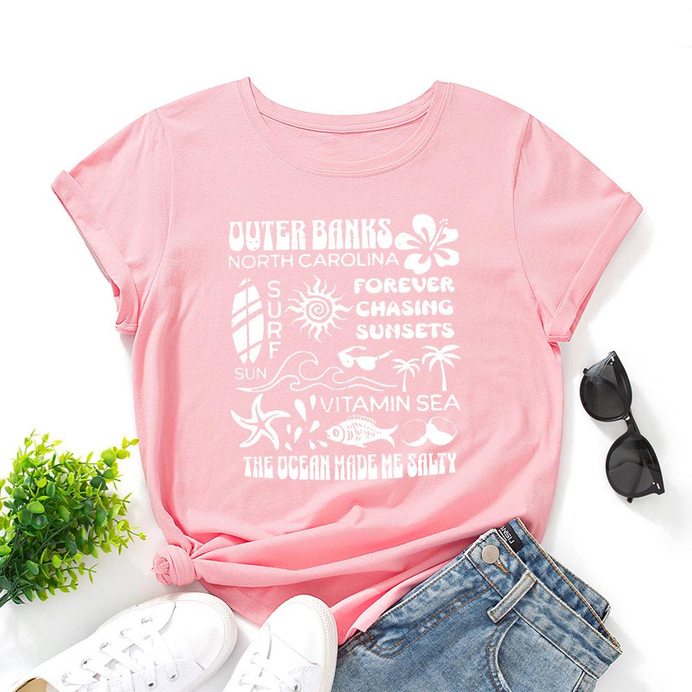 Alphabet Cotton T-Shirt Short Sleeve Round Neck Women 2d Print Tops