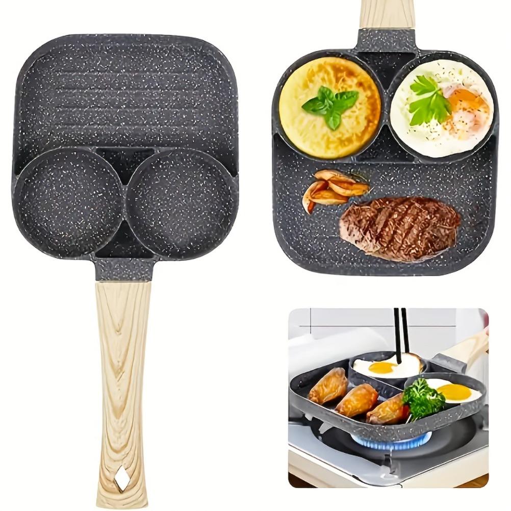 Breakfast Frying Pan Omelet Pan Beef Steak Saucepan Non-Stick Aluminum 2-Hole Omelet Pan with Wooden Handle Pancake Pans