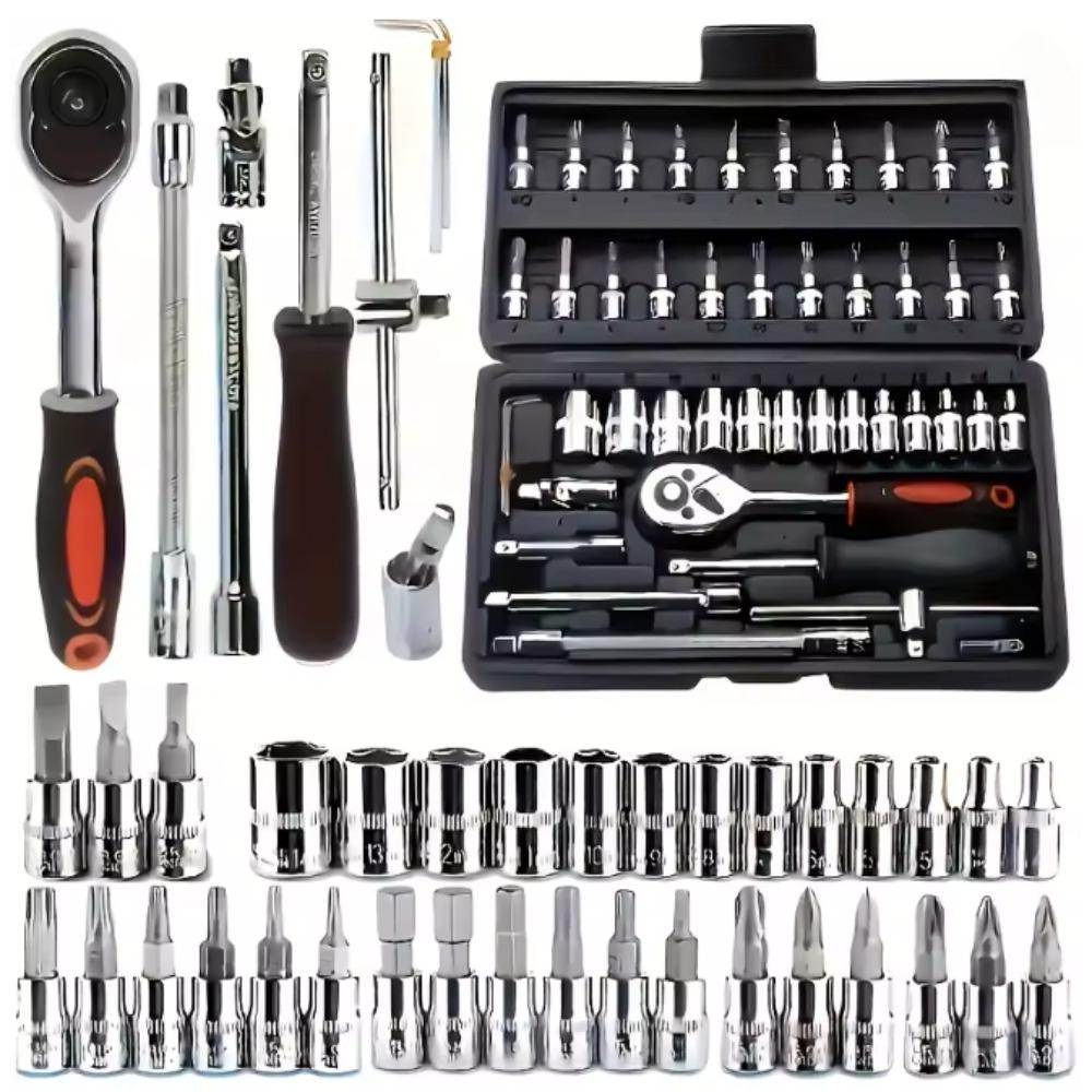 46 Pieces 1/4 Inch Drive Socket Ratchet Wrench Set, With Bit Socket Set, Metric And Extension Bar For Auto Repairing