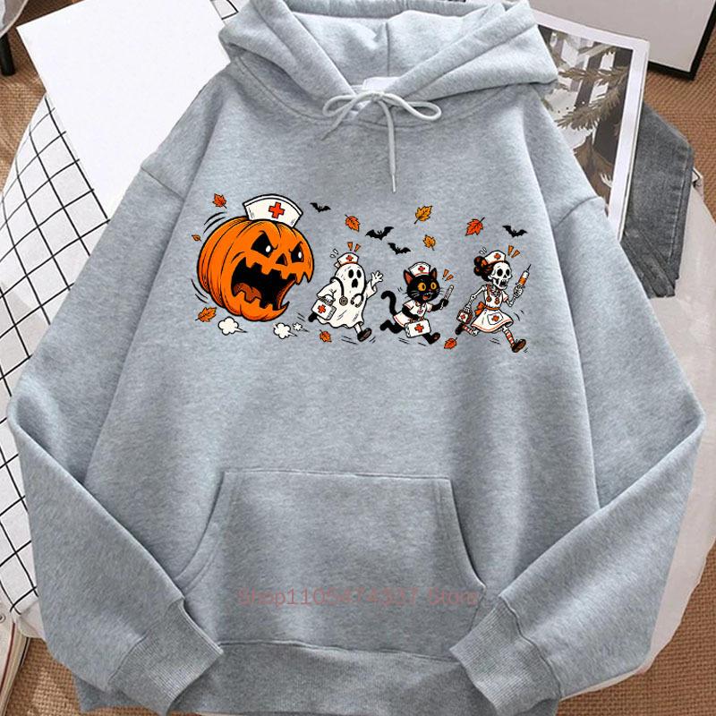 Retro Halloween Theme Hoodie Women Fall Winter Casual Fashion Funny Vintage High Quality Long Sleeve Fleece Pullover Sweatshirts