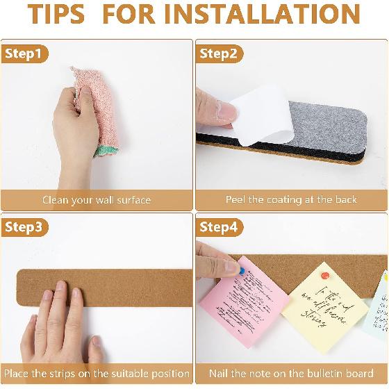 Felt Pin Board Bar Strips Bulletin Board for Bedrooms Offices Home Wall Decoration, Notice Board Self Adhesive Cork Board with 35 Push P for Paste