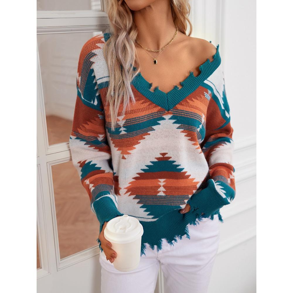 Cut-out Knitted Sweater, Geometric Pattern Jacquard Pullover, V-neck Style, Long-sleeved Ethnic Style Top