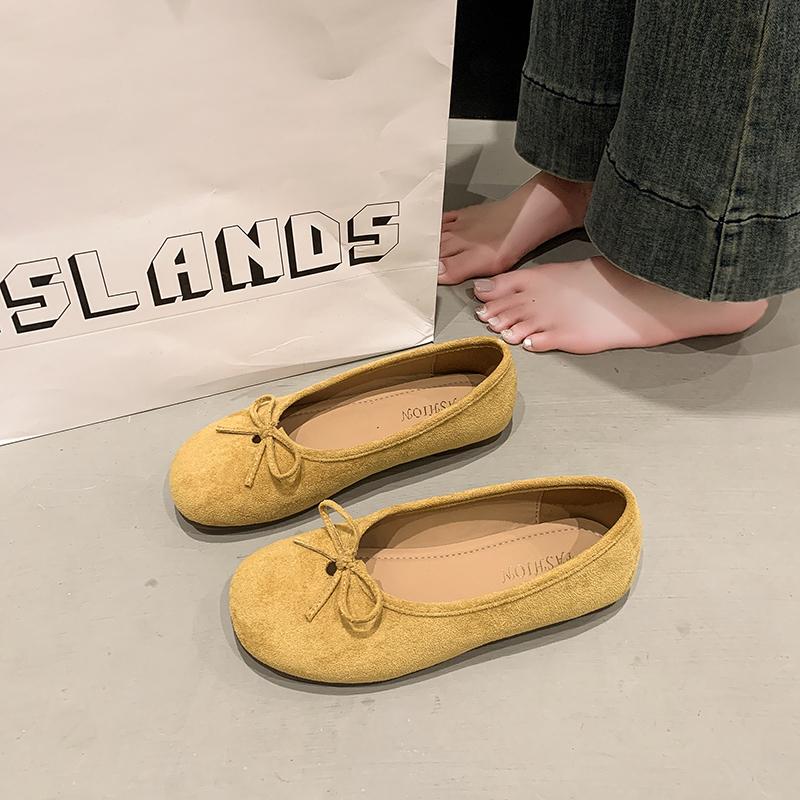 Fashion Women's Fashion Soft Sole Flat Shoes Spring Round Head Cow Suede Butterfly Knot Anti-slip Wear Light Single Shoes