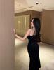 Luxurious French Gold Velvet Fishtail Slip Dress for Women - Autumn/Winter Sexy Bodycon with Hip-Slit for Evening Wear