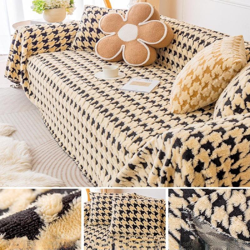 New Winter Lamb Fleece Sofa Cover Cloth Thousand Bird Grid Sofa Napkin Full Cover Lightweight