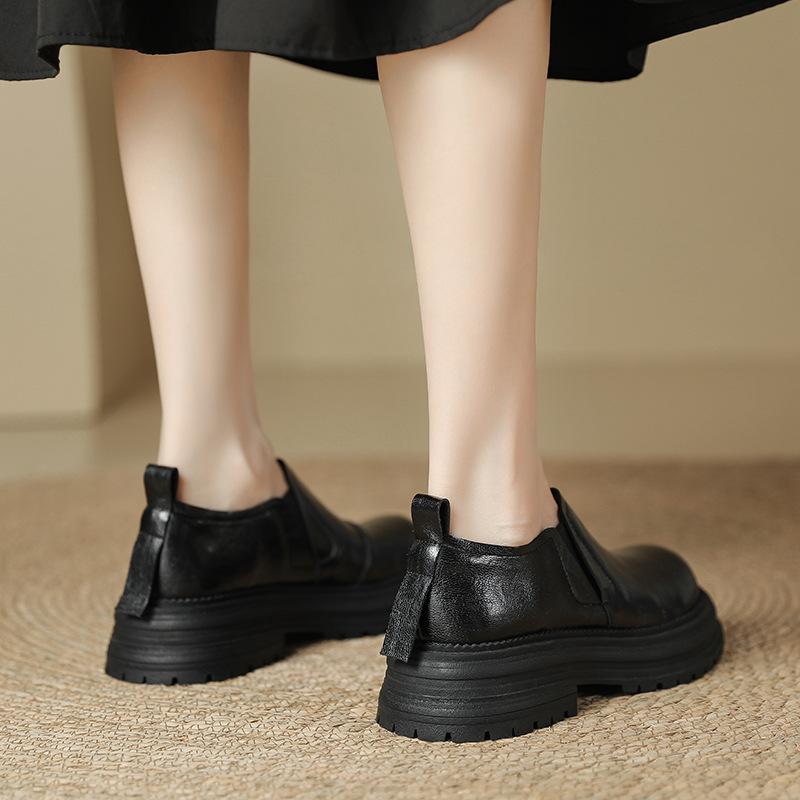 2025 spring and autumn models, hand-scratched leather thick-soled small leather shoes, women's round head thick heel elastic one-pedal exquisite Kore