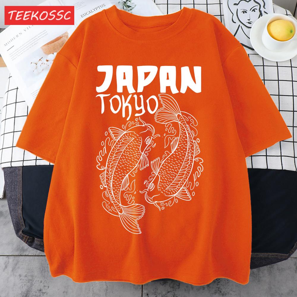 Japan Tokyo Harajuku Koi Print T Shirts Men Summer Cotton TShirt Hip Hop Loose Streetwear Unisex AllMatch Casual Clothing