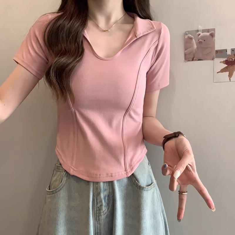 

2026 Women s Summer Cropped Polo T-Shirt: Fishbone Pattern, Regular Shoulder, Short Sleeve, Versatile Style Small