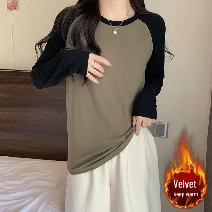 Women's Korean Style Round Neck Raglan Long Sleeve Warm Slimming Base Layer Top