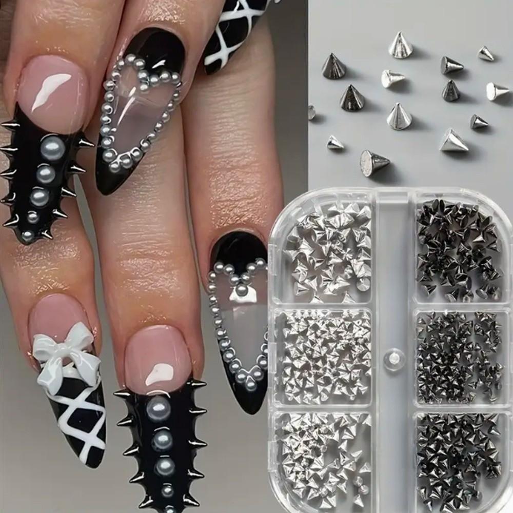 6 Grids Multi-Size Nail Art Studs Black And Silver Tone Rivet Nail Decorations  Punk Style Nail Art