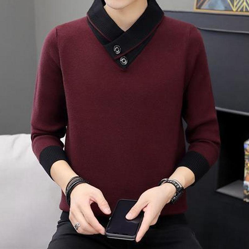 Autumn Winter Men's Turtleneck Thick Long Sleeve Sweaters Korean Trend Solid Color Spliced Knitted Pullovers Male Clothes