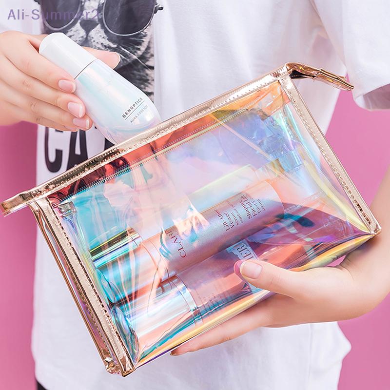 Colorful Holographic Women Cosmetic Bag TPU Clear Makeup Beauty Organizer Pouch