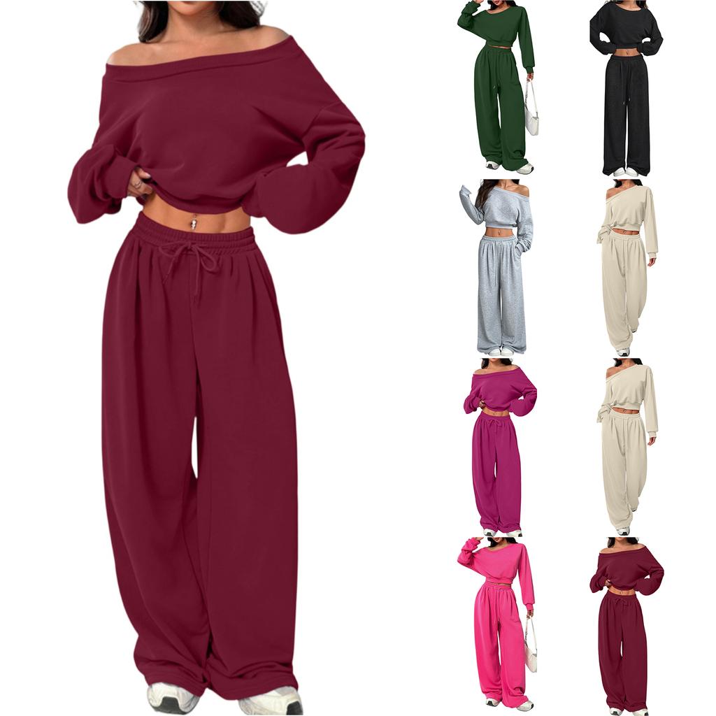 Modisches Damen Off-Shoulder Tailliertes Lässiges Sweatshirt-Set