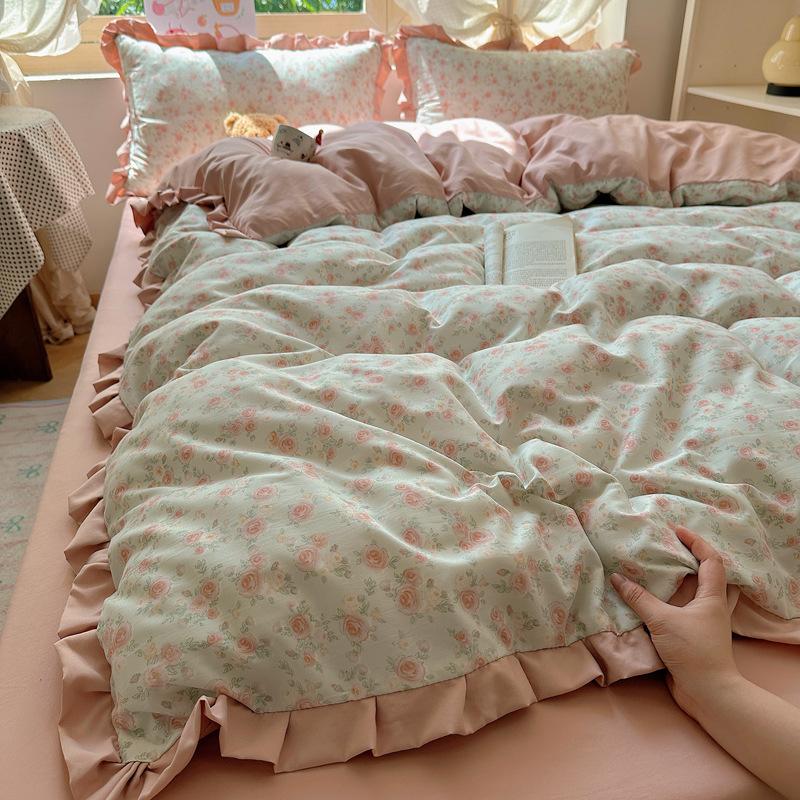 Čtyřdílná sada lůžkovin z dvojité příze, šetrná k pokožce, prodyšná a pohodlná, prané prostěradlo, povlaky na přikrývky, povlaky na polštáře, sady