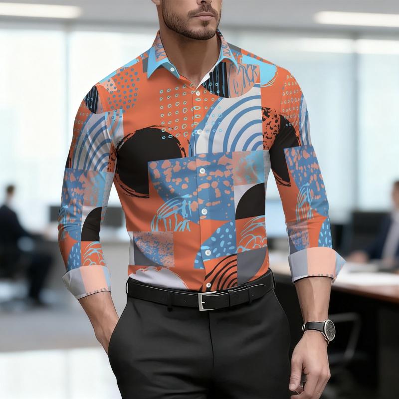 Men's Shirt, Ethnic Style Diamond Shaped Geometric Printed Long Sleeved Shirt, Business Casual Spring and Autumn Collar Shirt