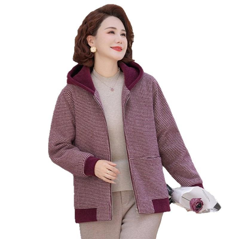 Temperament Mom Autumn Jacket Noble Plaid Top Aged Elderly Women's Autumn and Winter Hooded