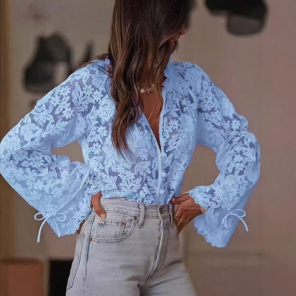 Fashion Sexy Hollow Out See Through Mesh Lace Shirt Sweet Blouse Loose Casual Slim Long Sleeve Crochet Elegant Tops
