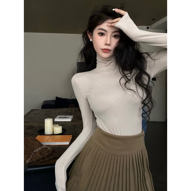 Black with High Collar Autumn and Winter Sexy Slim Fit Long-Sleeved T-shirt