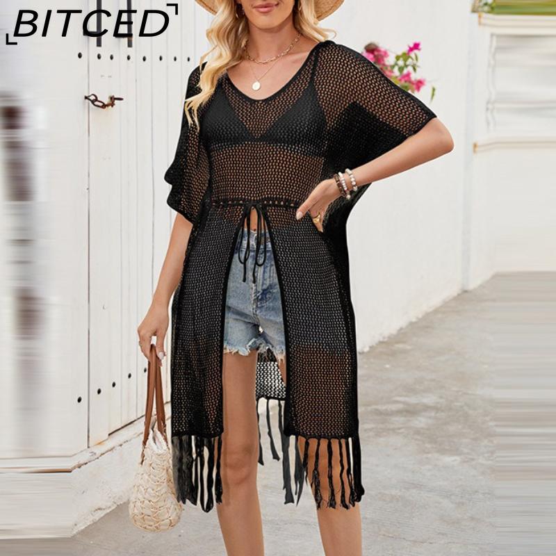 BITCED Sexy Lace-Up Beach Cover-Up Summer Sun Protection Fringe Knit Cover-Up Short-Sleeved V-Neck Knit Top