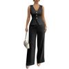 Women's 2-Piece Fashion Casual Sleeveless Tailored Vest + V-Neck Loose Top + High-Waisted Wide-Leg Pants Loungewear Set