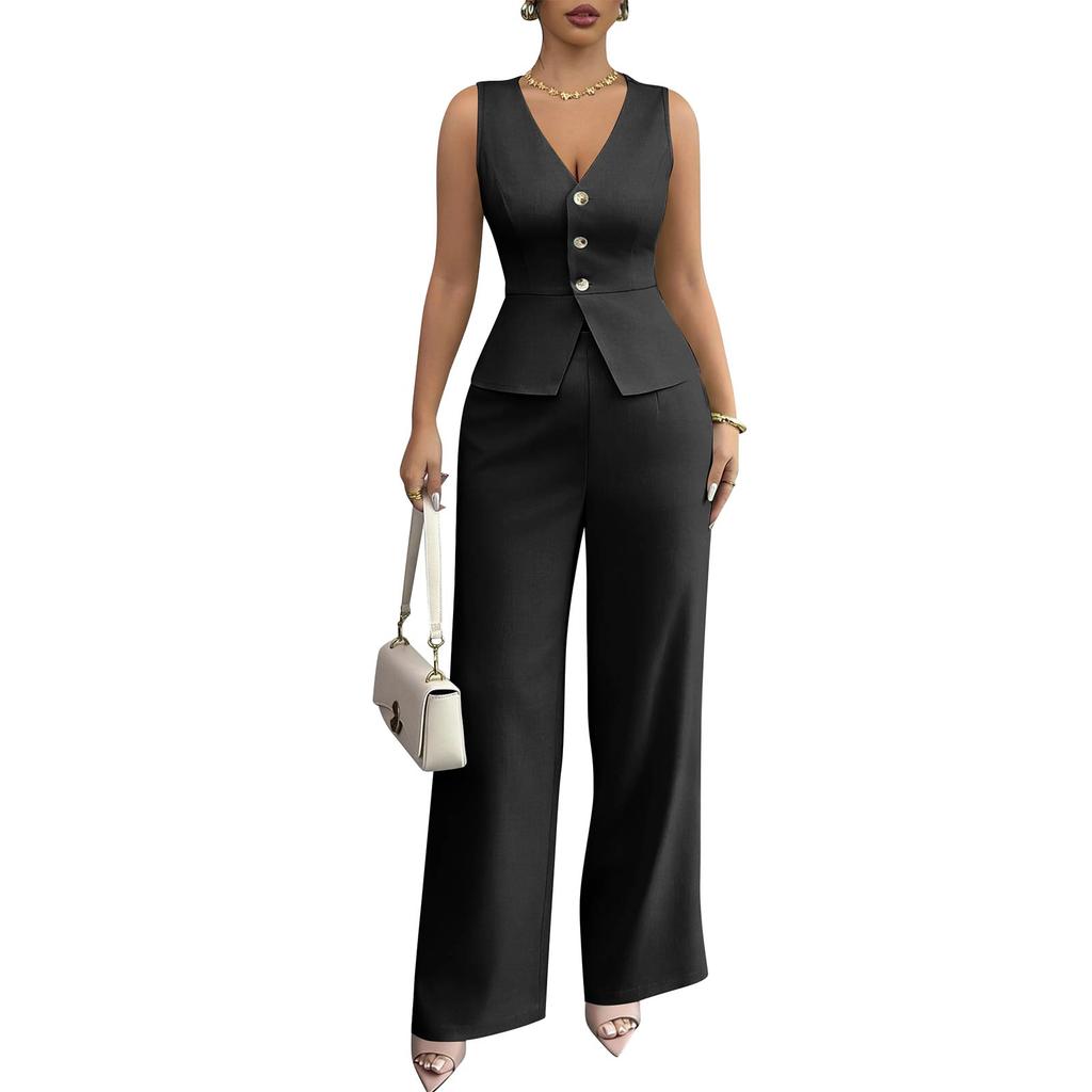 Women's 2-Piece Fashion Casual Sleeveless Tailored Vest + V-Neck Loose Top + High-Waisted Wide-Leg Pants Loungewear Set