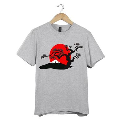 T-shirt Unisexe Bonsaï Japonais Coucher de Soleil Mt. T-shirt Graphique Art Zen Soleil Rouge Arbre Fuji