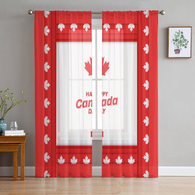 Happy Canada Day Streifen-Ahornblatt-Tüll-Voile-Vorhänge für Schlafzimmer, Fenstervorhang für Wohnzimmer, transparente Vorhänge, Organza-Vorhänge