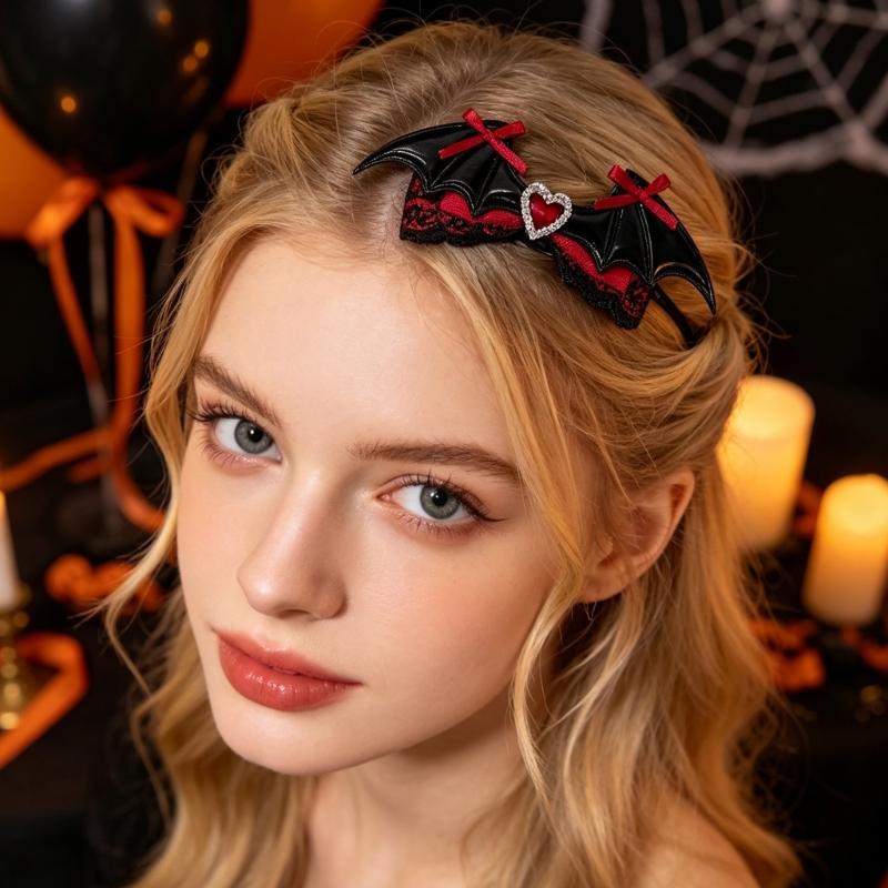 Dark Holiday Hair Barrettes, 1 Pair Halloween Winged Ribbon Design With Heart Detail and Lace Trim for Party Looks