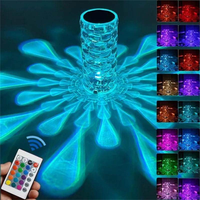 LED elmas kristal masa lambası su damlası projektör 3/16 renkli dokunmatik ayarlanabilir romantik elmas atmosfer ışığı USB dokunmatik gece lambası ev dekorasyon