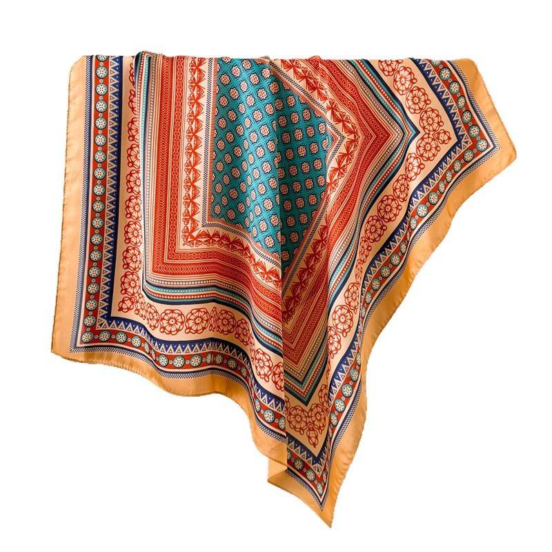 New European American Retro 70cm Small Square Scarf Simulated Silk Spring Summer Printed Professional