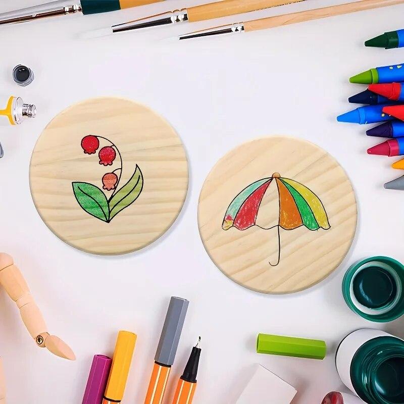 Ensemble de 5 Sous-verres Ronds en Bois Non Finis pour Loisirs Créatifs DIY et Décoration de Maison - Diamètre 4 Pouces, Matériau Bois Naturel, Parfait F