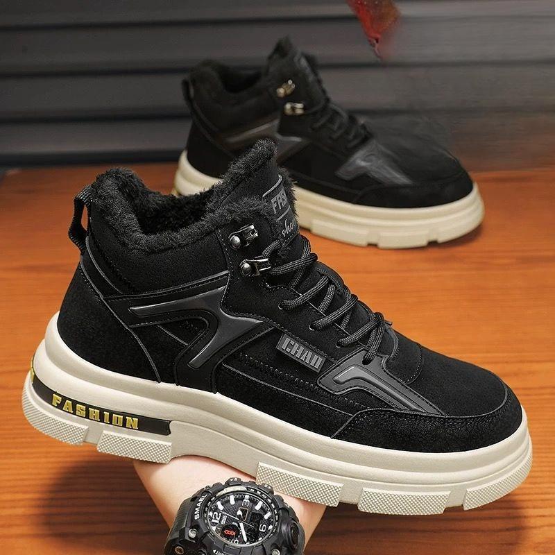 Snow Boots, Fleece-lined Thickened Warm Work Cotton Shoes, Genuine Leather and Fur Integrated Thick-sole Martin Boots.