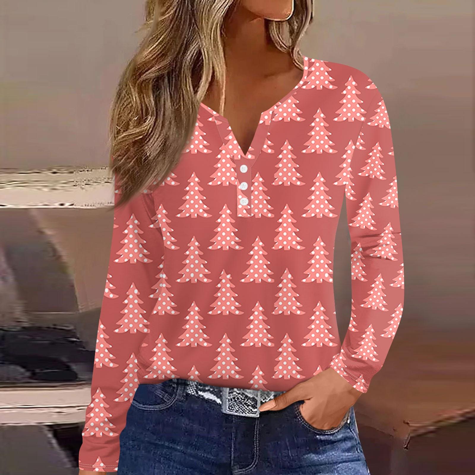 

Женская модная повседневная футболка с длинным рукавом и V-образным вырезом на рождественском принте на пуговицах L