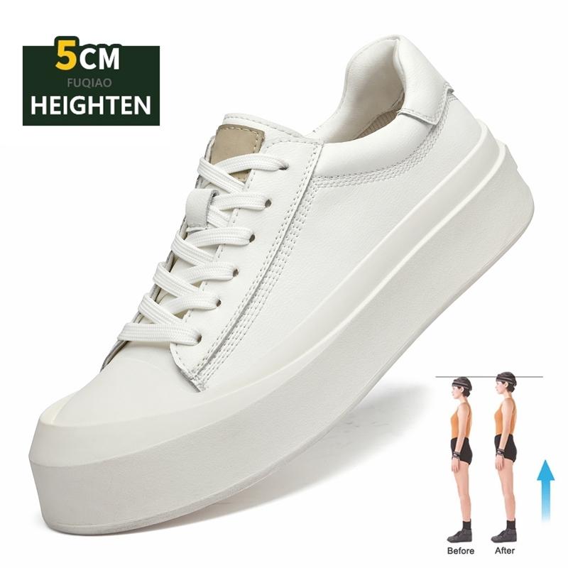 Fashion Men Cowhide Hidden Elevator Sneakers 5cm Height Increase Thick Sole Platform Anti-Collision Toe Soft Comfortable Casual Shoes