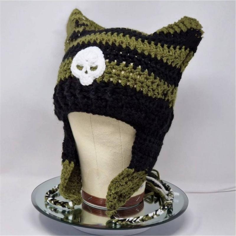Y2K Anime Ear Cap Windproof Hat Female Beanie Headwear Handcrochet Pullover Hat