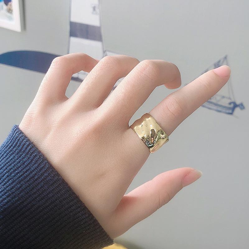 925 Sterling Silver Wiede Simple Gold Color Rings Retro Distressed Opening Handmade Ring Fashion Fine Jewelry