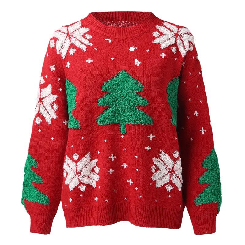 2025 Women's Embroidered Christmas Sweater - European & American Style Crew Neck Pullover with Snowflake and Tree Design