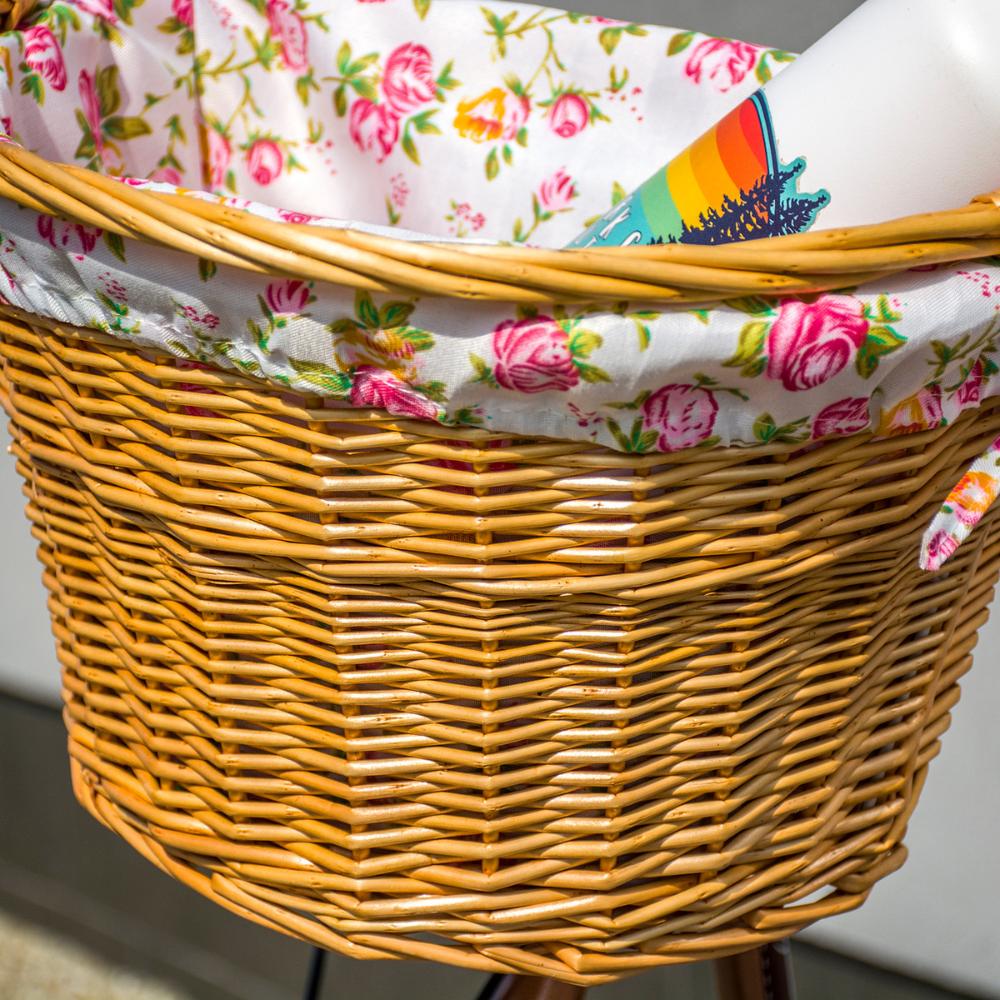 Natural wicker bicycle basket with handlebar insert, click flowers, plug-in